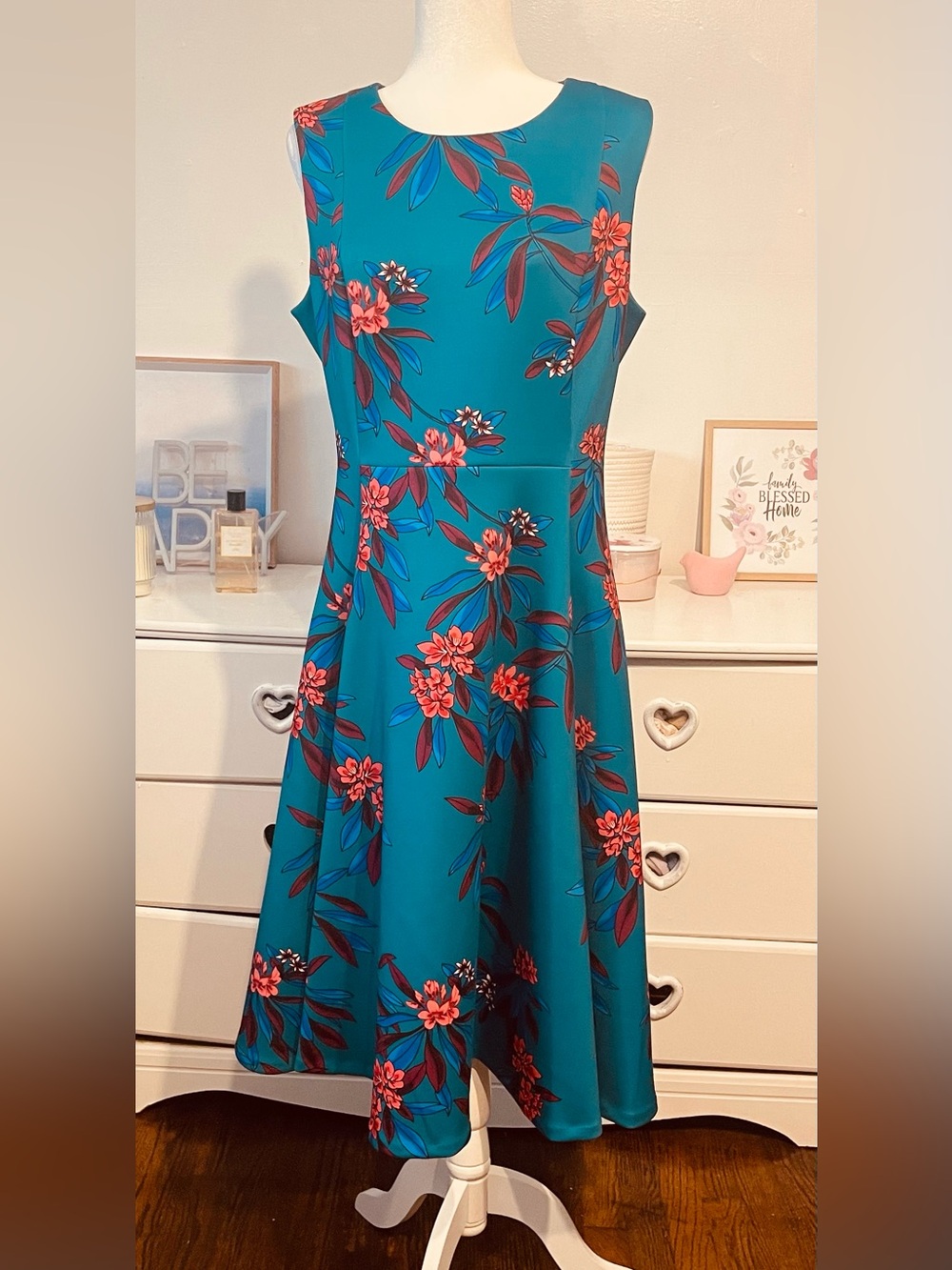 Calvin Klein  elegant Teal Floral V-Neck Sleeveless Maxi Dress size 14 - Picture 2 of 15